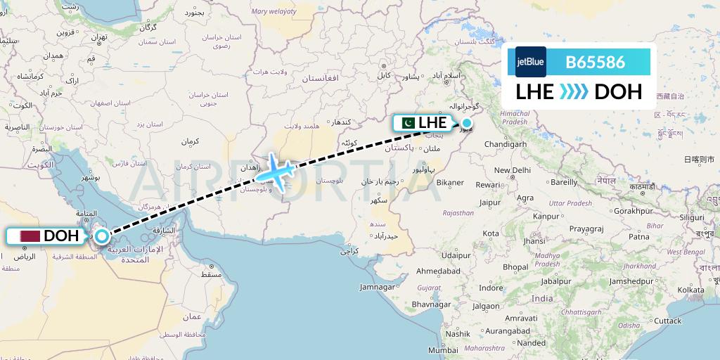 B65586 JetBlue Airways Flight Map: Lahore to Doha