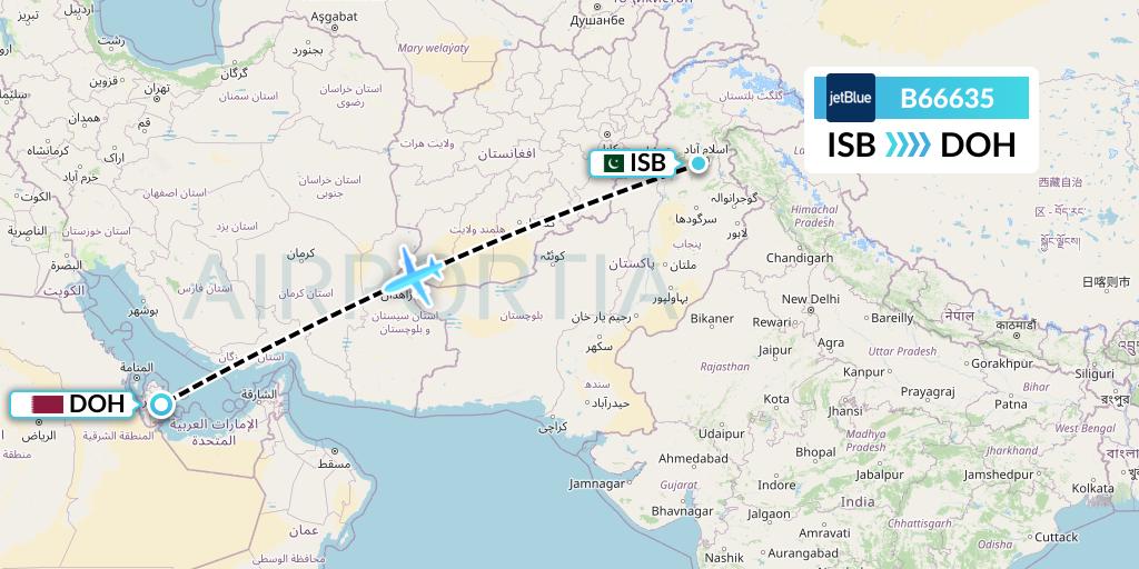 B66635 JetBlue Airways Flight Map: Islamabad to Doha