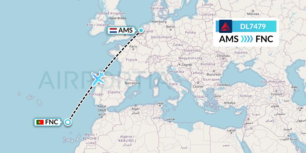 DL7479 Delta Air Lines Flight Map: Amsterdam to Funchal