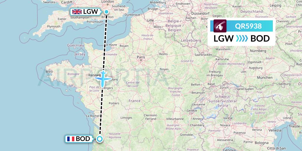 QR5938 Qatar Airways Flight Map: London to Bordeaux