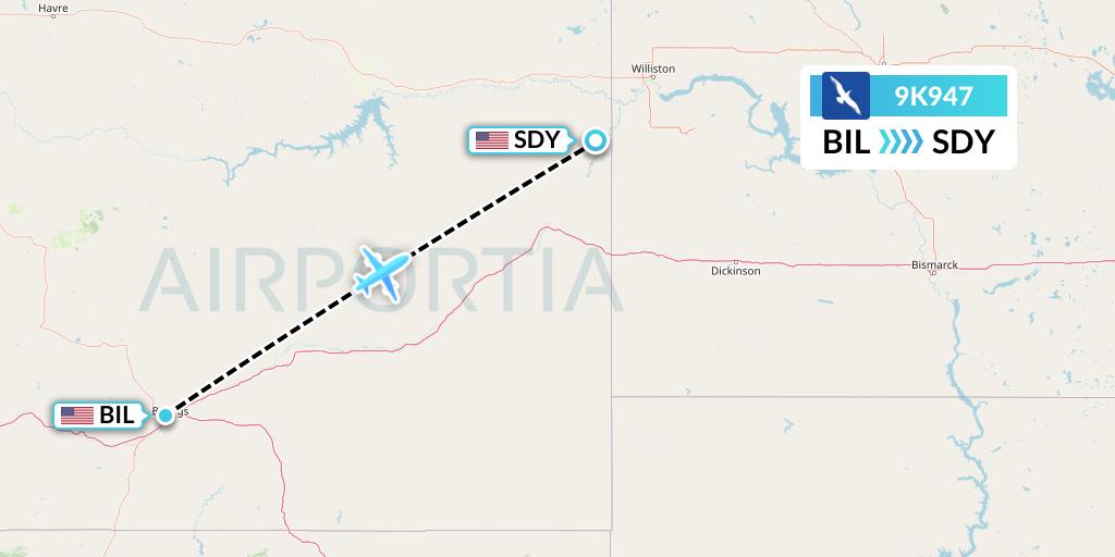 9K947 Cape Air Flight Map: Billings to Sidney