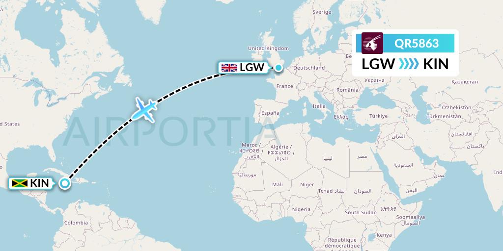 QR5863 Qatar Airways Flight Map: London to Kingston