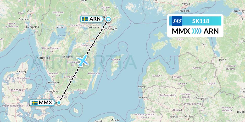 SK118 SAS Flight Map: Malmo to Stockholm