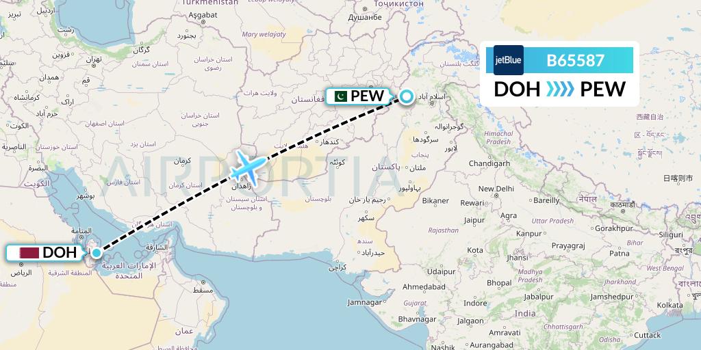 B65587 JetBlue Airways Flight Map: Doha to Peshawar