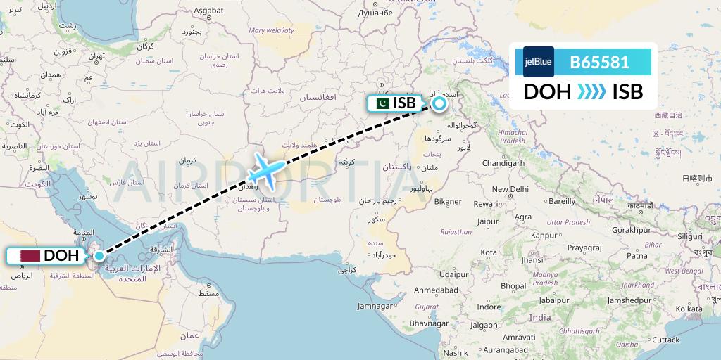 B65581 JetBlue Airways Flight Map: Doha to Islamabad