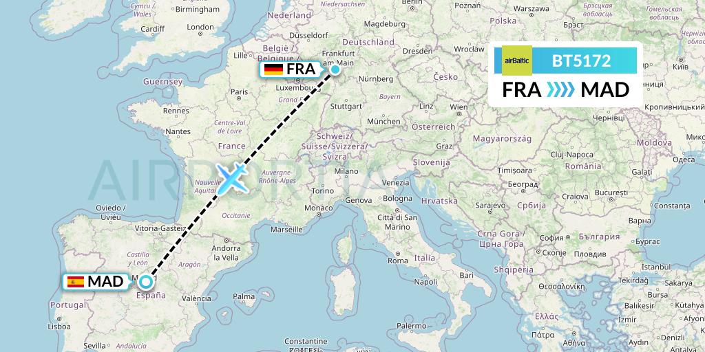 BT5172 Air Baltic Flight Map: Frankfurt to Madrid
