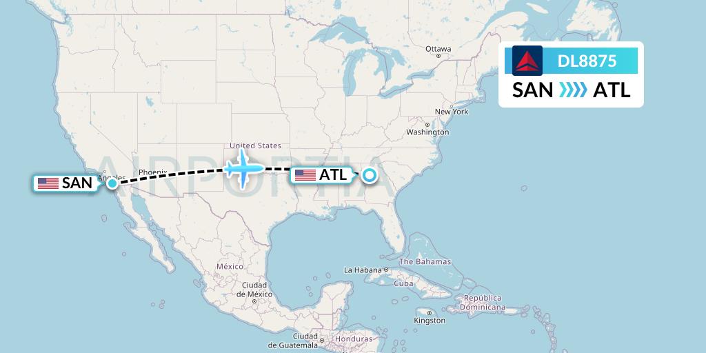 DL8875 Delta Air Lines Flight Map: San Diego to Atlanta