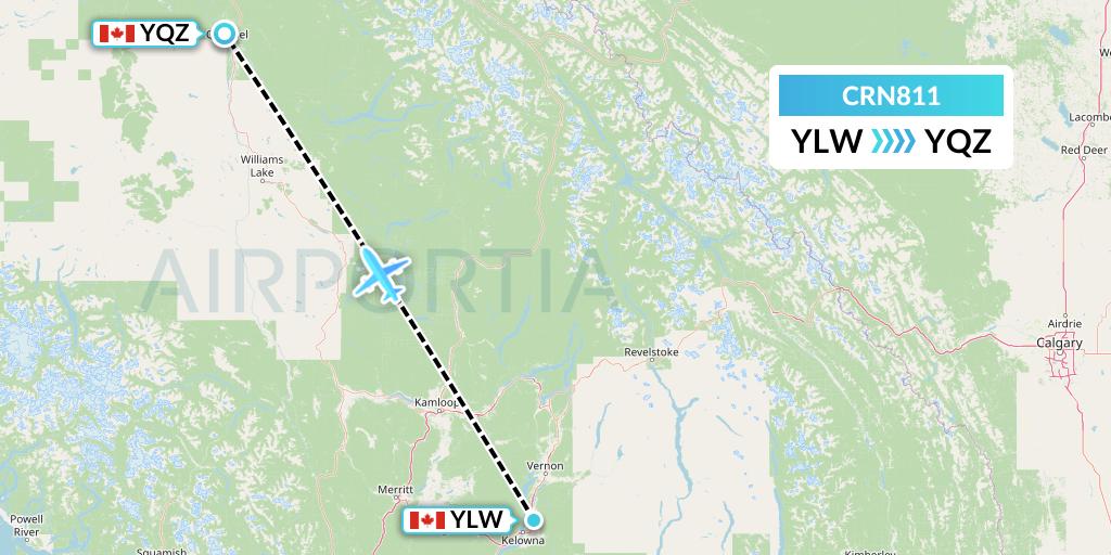 CRN811 Aerocaribbean Flight Map: Kelowna to Quesnel