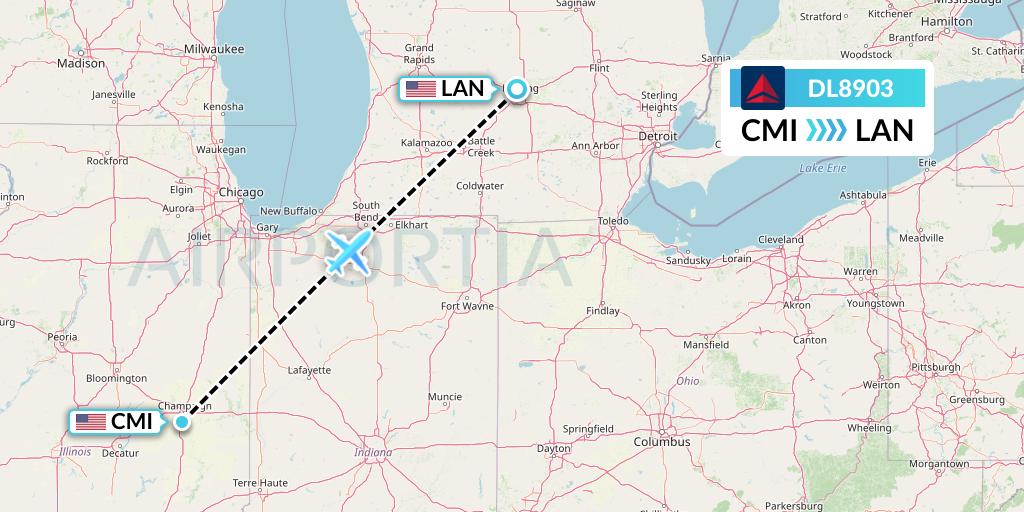 DL8903 Delta Air Lines Flight Map: Champaign to Lansing