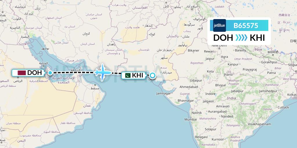 B65575 JetBlue Airways Flight Map: Doha to Karachi