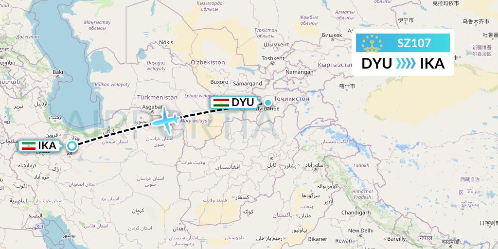 SZ107 Somon Air Flight Map: Dushanbe to Tehran