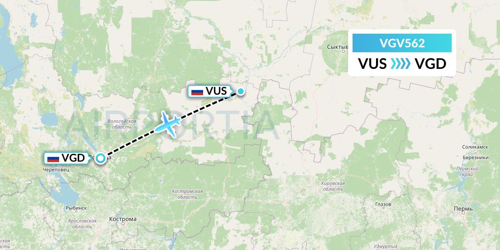VGV562 Vologda Air Enterprise Flight Map: Velikiy Ustyug to Vologda