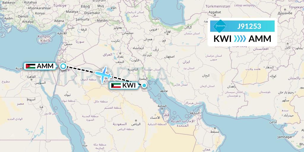 J91253 Jazeera Airways Flight Map: Kuwait City to Amman