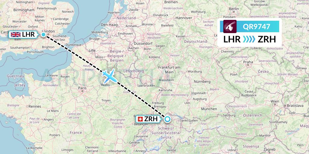 QR9747 Qatar Airways Flight Map: London to Zurich