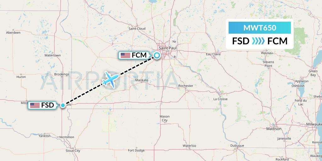 MWT650 Midwest Aviation Division Flight Map: Sioux Falls to Minneapolis
