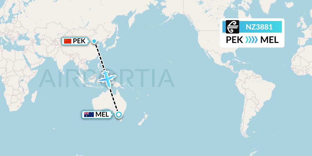 NZ3881 Air New Zealand Flight Map: Beijing to Melbourne