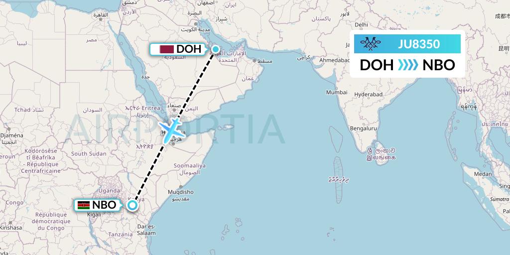 JU8350 AirSERBIA Flight Map: Doha to Nairobi