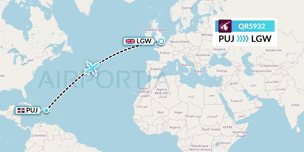QR5932 Qatar Airways Flight Map: Punta Cana to London