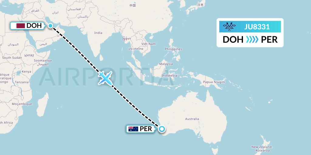JU8331 AirSERBIA Flight Map: Doha to Perth