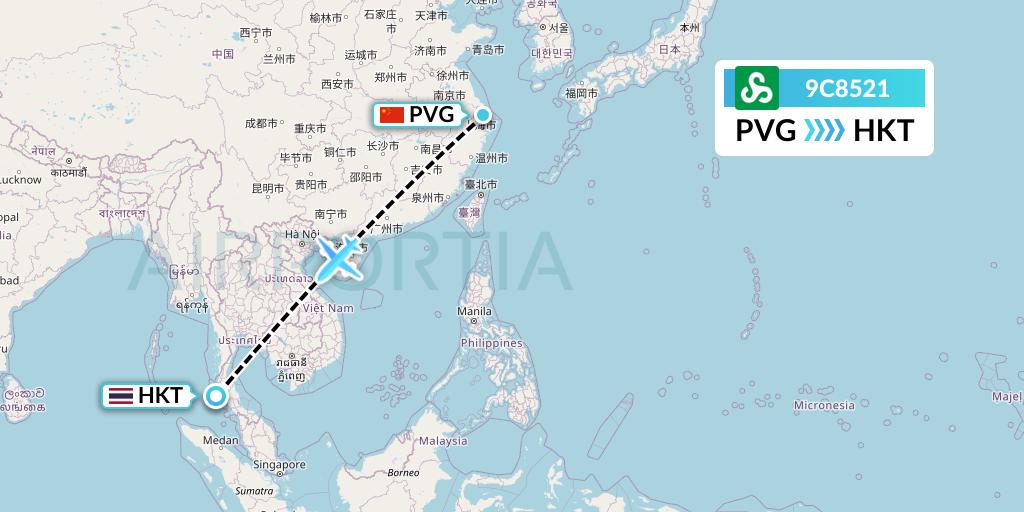 9C8521 Spring Airlines Flight Map: Shanghai to Phuket