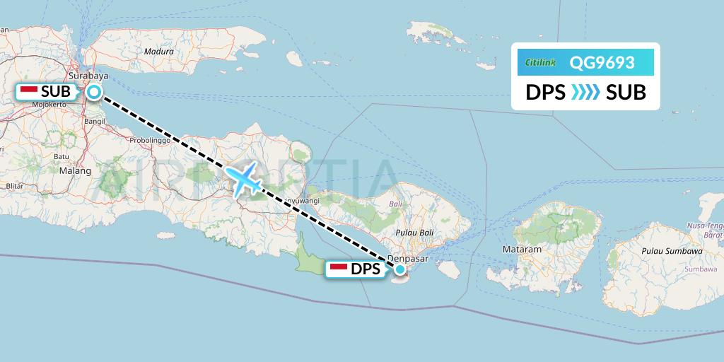 QG9693 Citilink Flight Map: Denpasar to Surabaya
