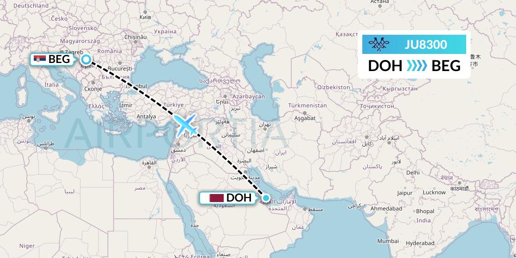 JU8300 AirSERBIA Flight Map: Doha to Belgrade