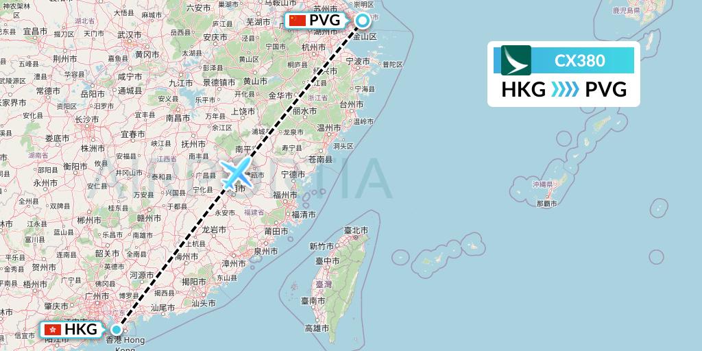 CX380 Cathay Pacific Flight Map: Hong Kong to Shanghai