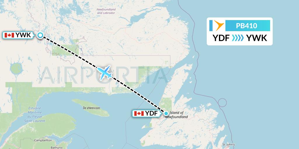 PB410 PAL Airlines Flight Map: Deer Lake to Wabush