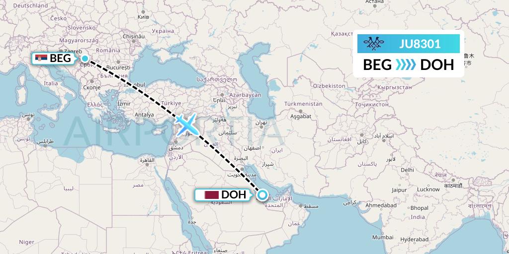 JU8301 AirSERBIA Flight Map: Belgrade to Doha
