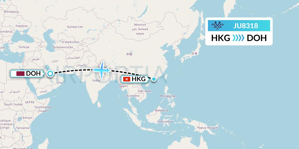 JU8318 AirSERBIA Flight Map: Hong Kong to Doha