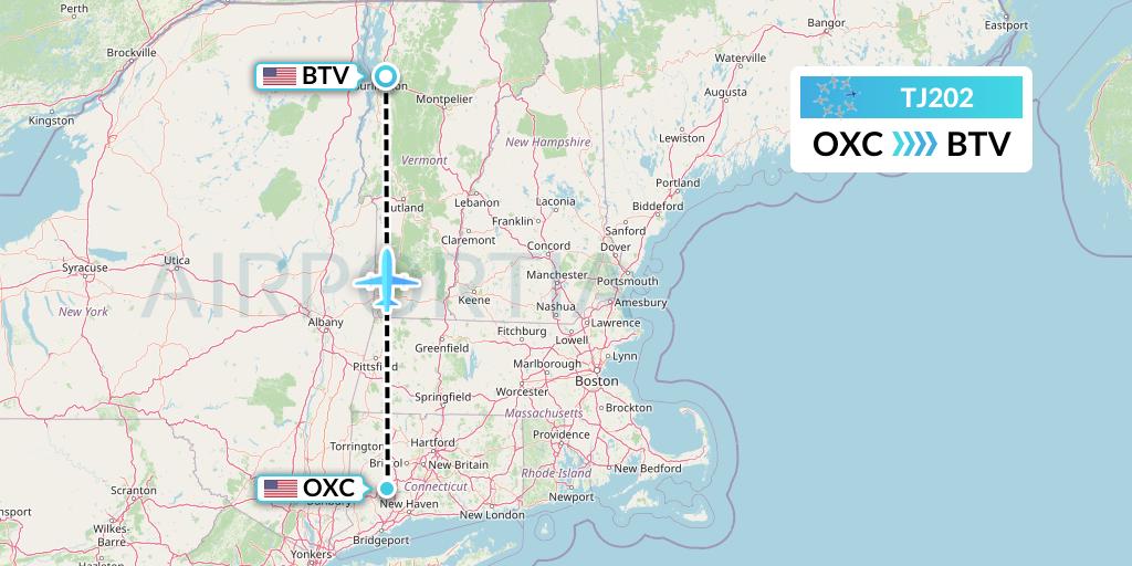 TJ202 Tradewind Aviation Flight Map: Oxford to Burlington