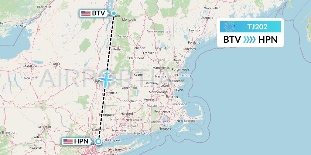 TJ202 Tradewind Aviation Flight Map: Burlington to White Plains