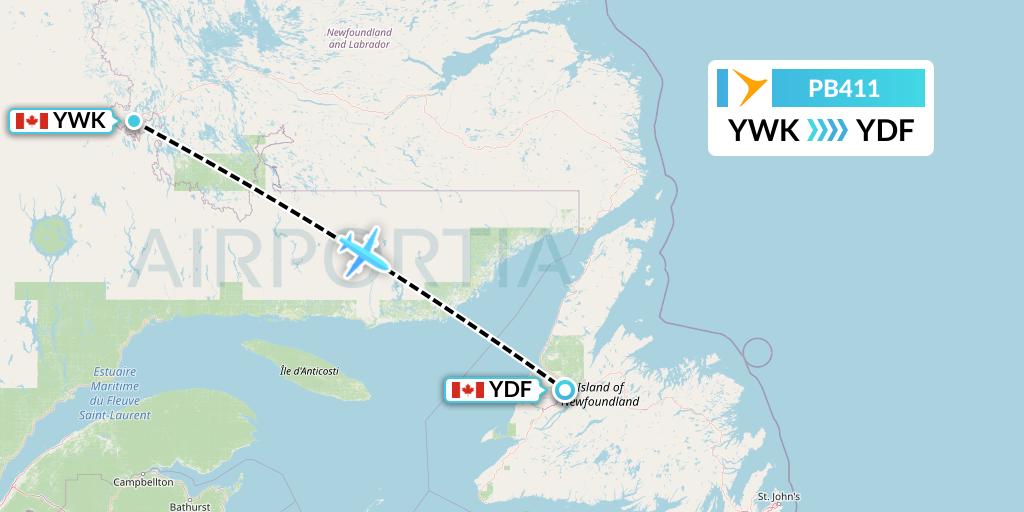 PB411 PAL Airlines Flight Map: Wabush to Deer Lake