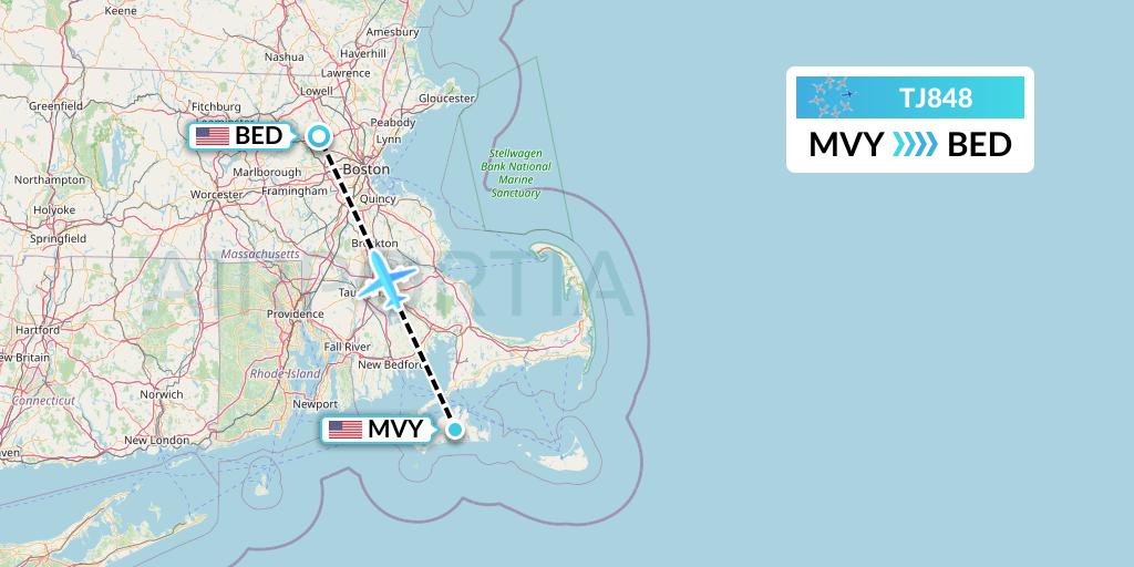 TJ848 Tradewind Aviation Flight Map: Martha's Vineyard to Bedford