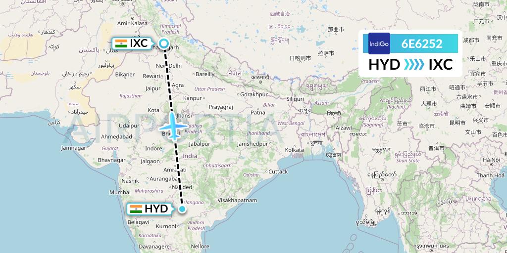 6E6252 IndiGo Airlines Flight Map: Hyderabad to Chandigarh