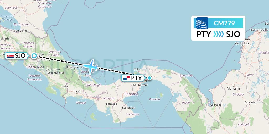 CM779 Copa Airlines Flight Map: Panama City to San Jose
