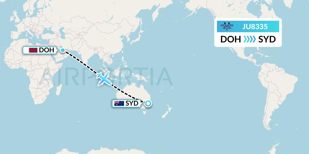 JU8335 AirSERBIA Flight Map: Doha to Sydney