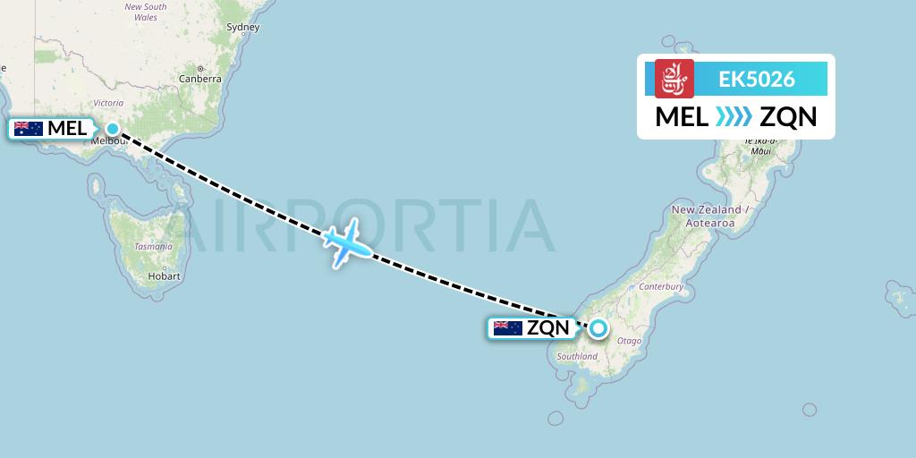 EK5026 Emirates Flight Map: Melbourne to Queenstown