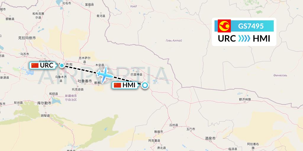 GS7495 Tianjin Airlines Flight Map: Urumqi to Hami City