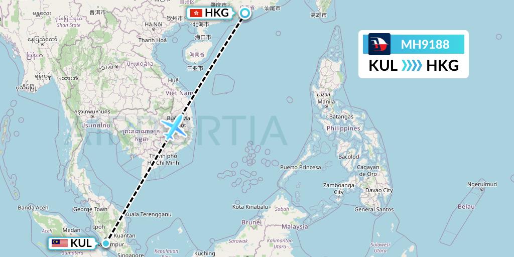 MH9188 Malaysia Airlines Flight Map: Kuala Lumpur to Hong Kong