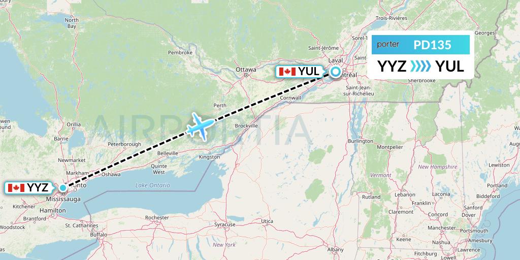 PD135 Porter Airlines Flight Map: Toronto to Montreal
