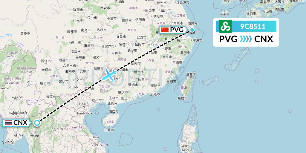 9C8511 Spring Airlines Flight Map: Shanghai to Chiang Mai