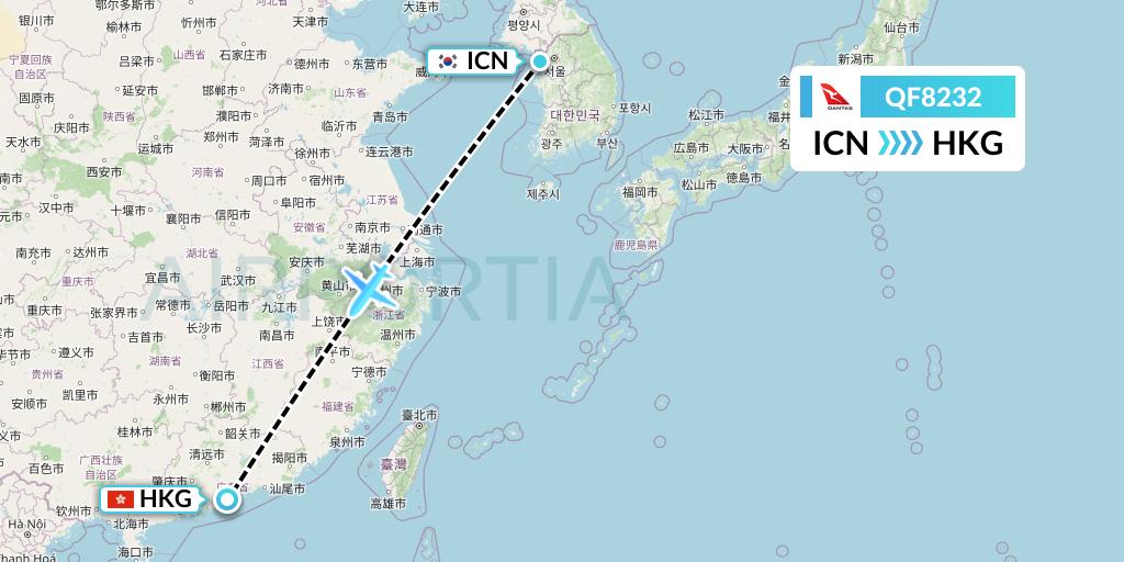 QF8232 Qantas Flight Map: Seoul to Hong Kong