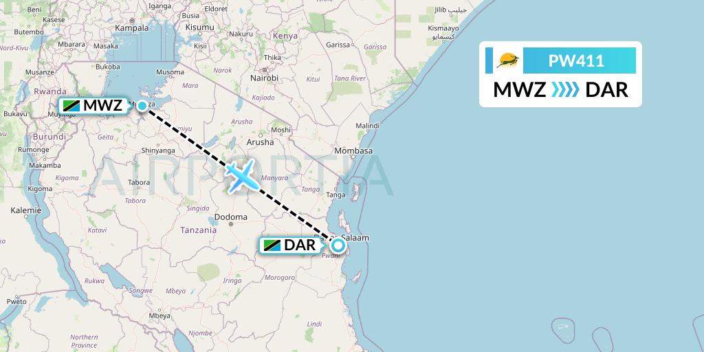 PW411 Precision Air Flight Map: Mwanza to Dar-es-Salaam