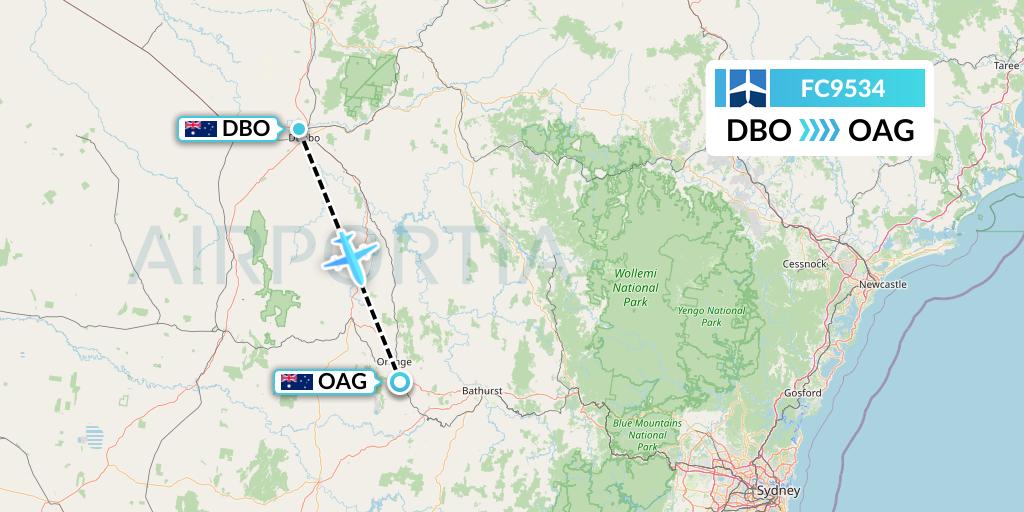 FC9534 Fly Corporate Flight Map: Dubbo to Orange