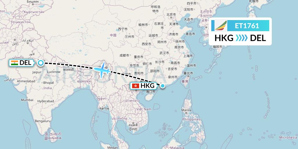 ET1761 Ethiopian Airlines Flight Map: Hong Kong to Delhi