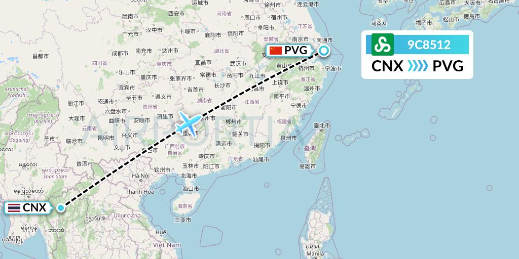 9C8512 Spring Airlines Flight Map: Chiang Mai to Shanghai