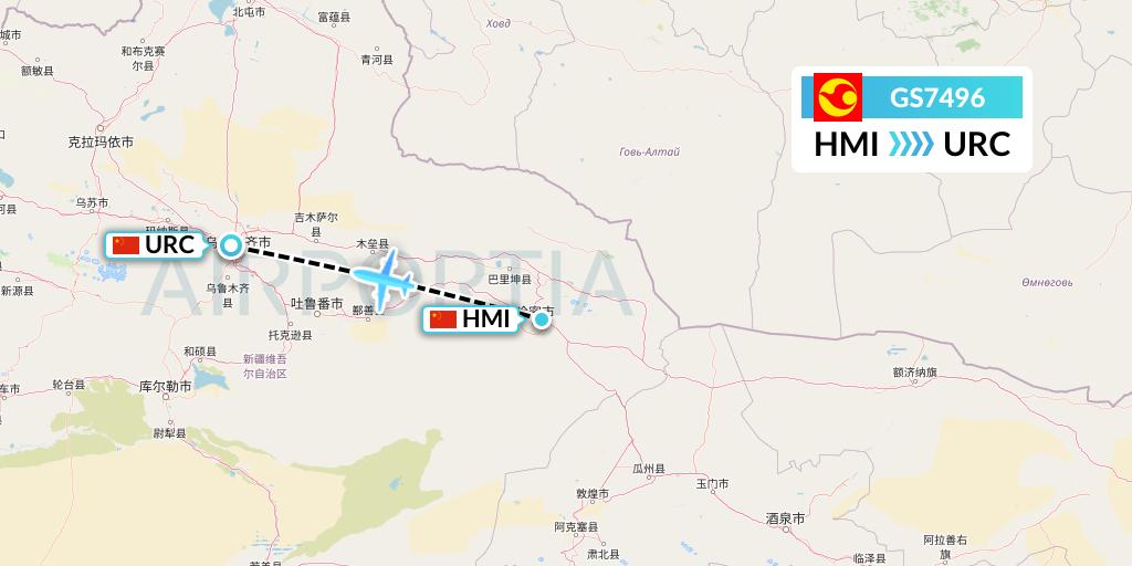 GS7496 Tianjin Airlines Flight Map: Hami City to Urumqi