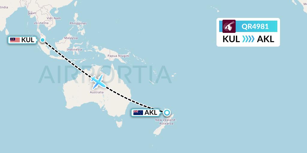QR4981 Qatar Airways Flight Map: Kuala Lumpur to Auckland