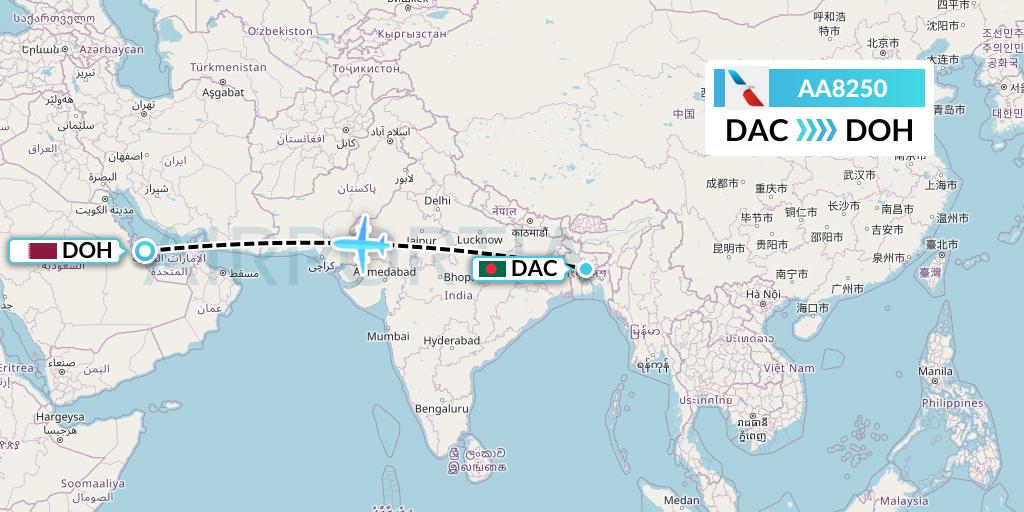 AA8250 American Airlines Flight Map: Dhaka to Doha